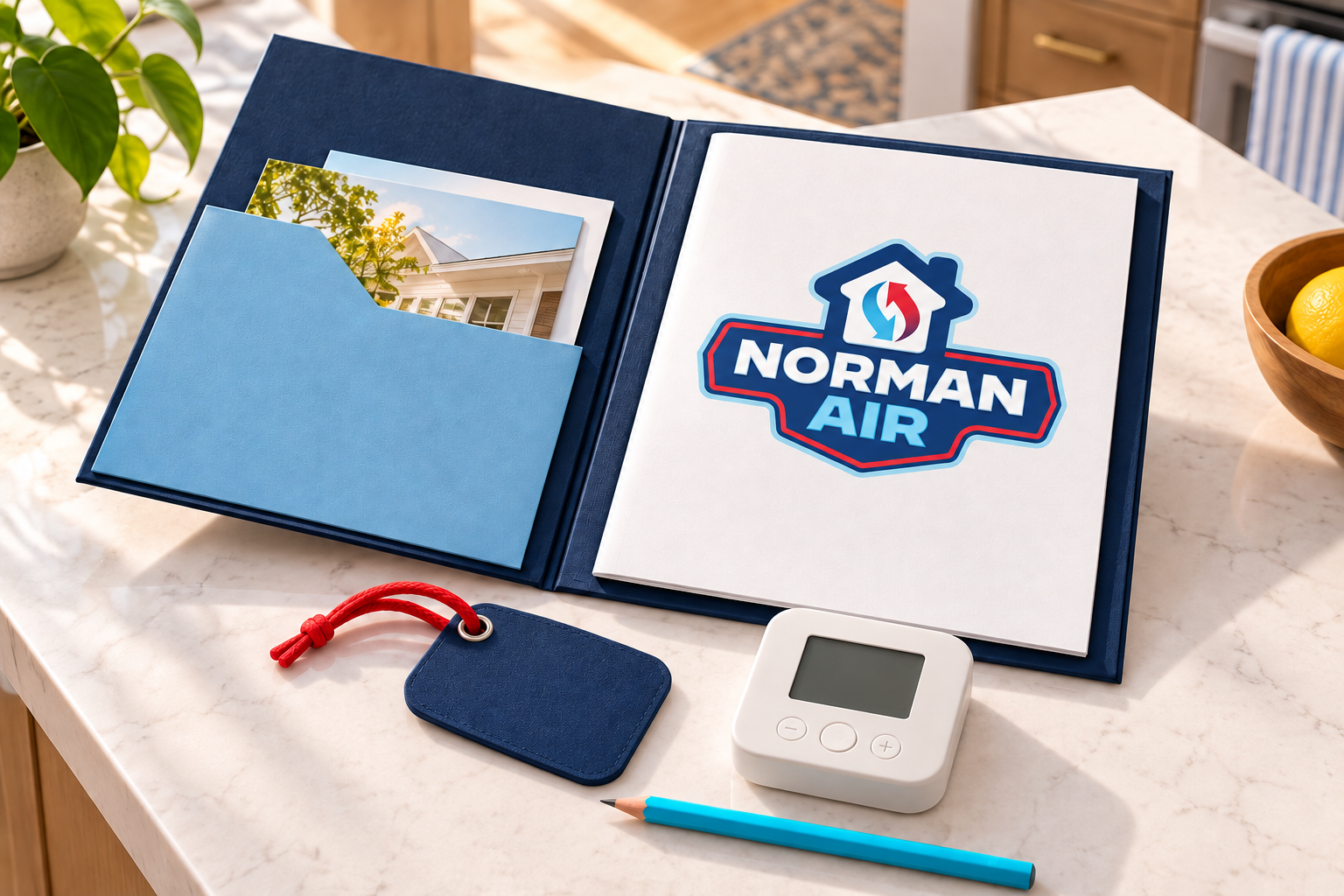 AI-generated brand concept for Norman Air: home comfort welcome kit.