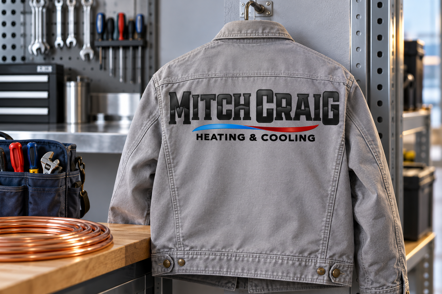 AI-generated brand concept for Mitch Craig Heating & Cooling: technical workwear.