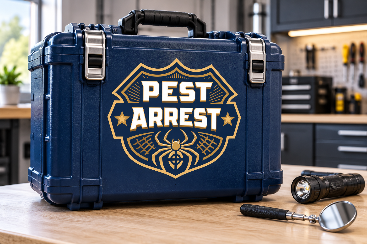 AI-generated brand concept for Pest Arrest: equipment case.