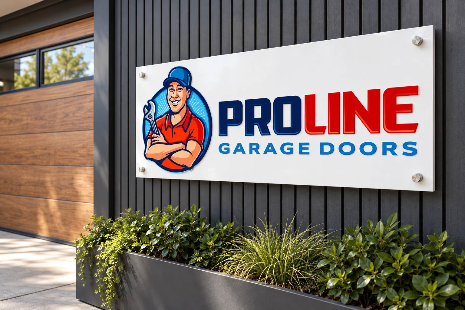 AI-generated brand concept for ProLine Garage Doors: showroom signage.
