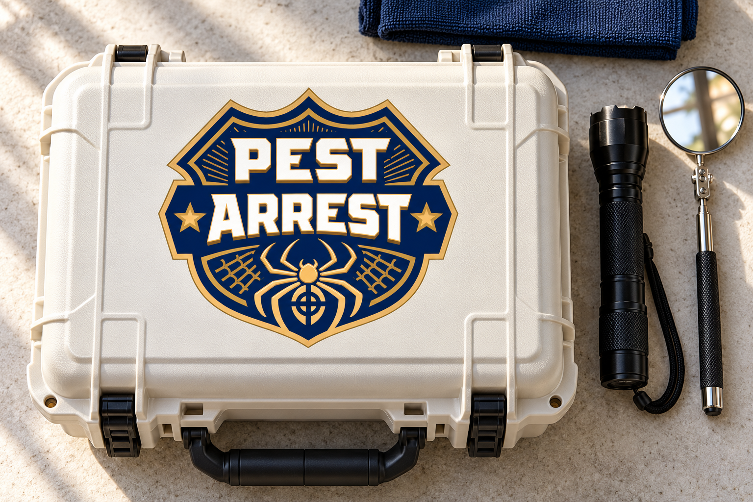 AI-generated brand concept for Pest Arrest: inspection kit.