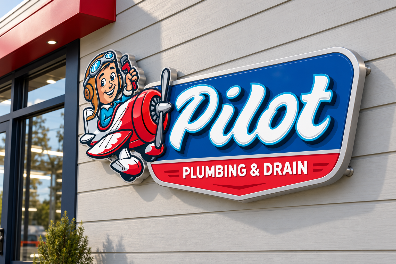 AI-generated brand concept for Pilot Plumbing & Drain: dimensional shop sign.
