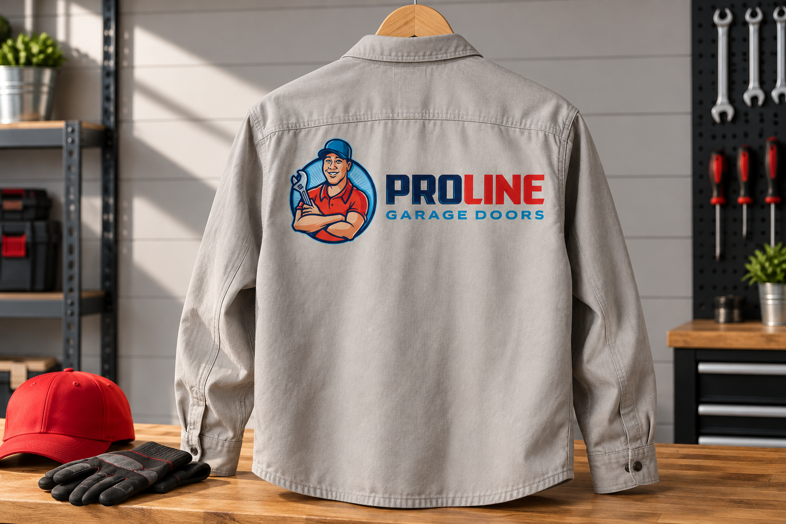 AI-generated brand concept for ProLine Garage Doors: workwear studio.