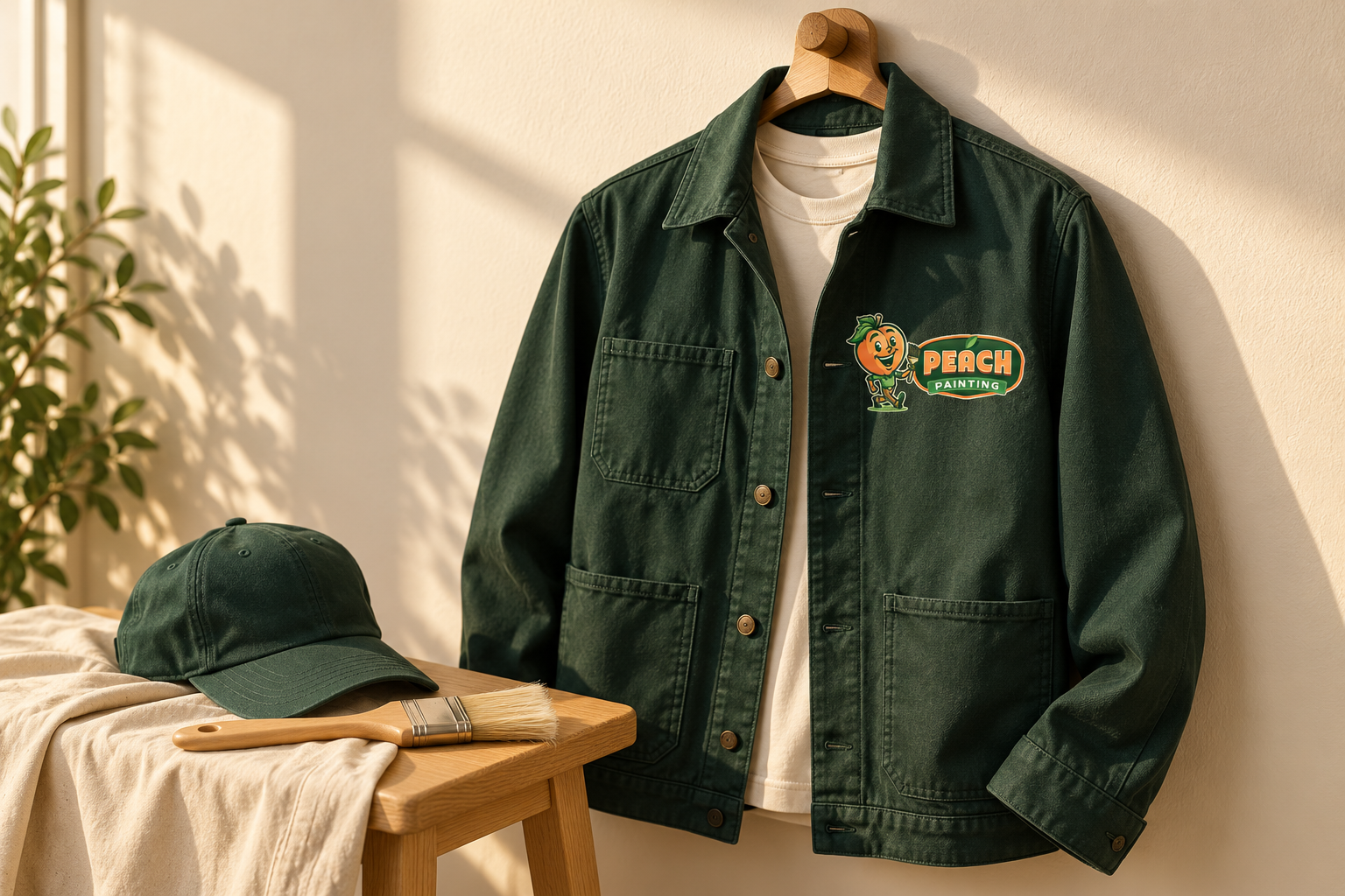 AI-generated brand concept for Peach Painting: painter uniform.