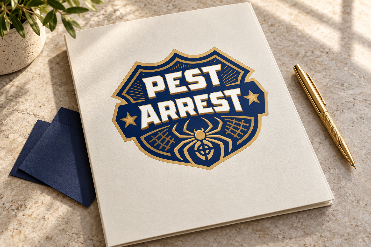 AI-generated brand concept for Pest Arrest: stationery.
