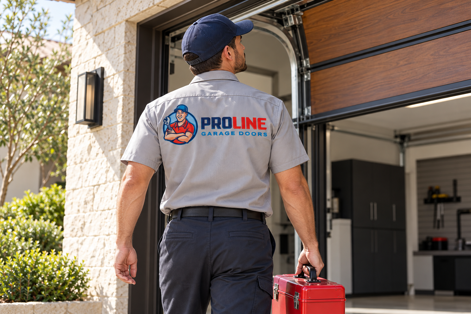 AI-generated brand concept for ProLine Garage Doors: technician lifestyle.