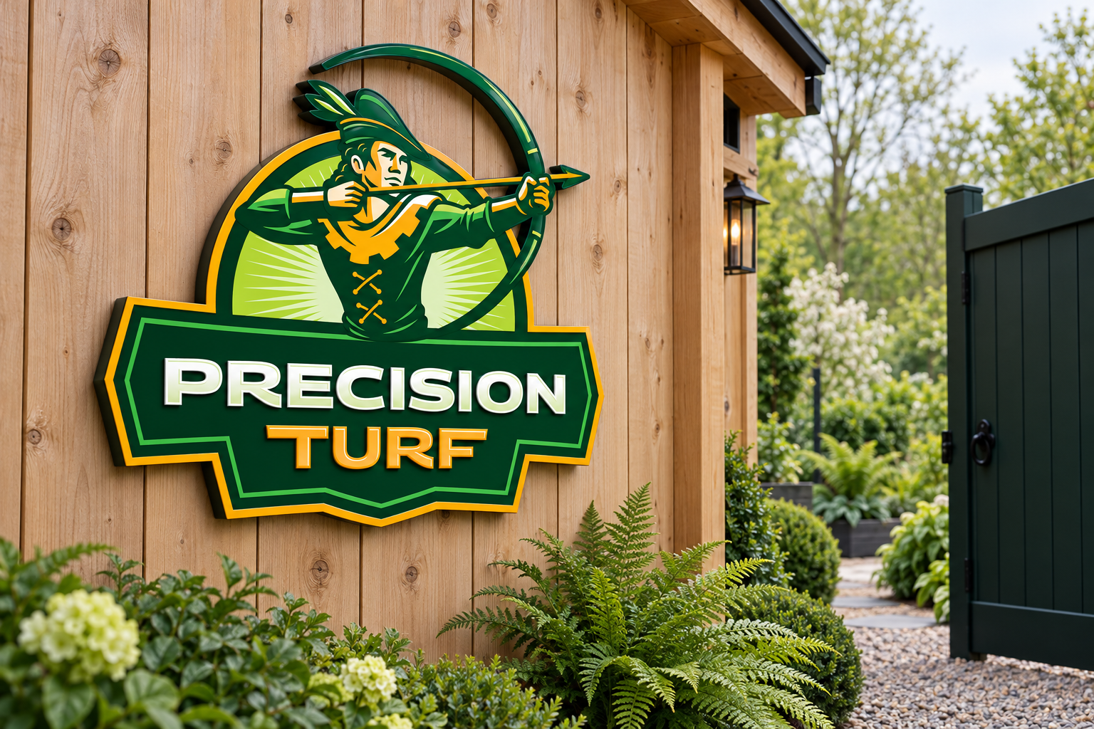 AI-generated brand concept for Precision Turf: garden gate sign.