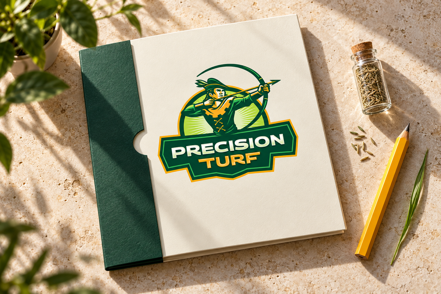 AI-generated brand concept for Precision Turf: lawn care welcome kit.