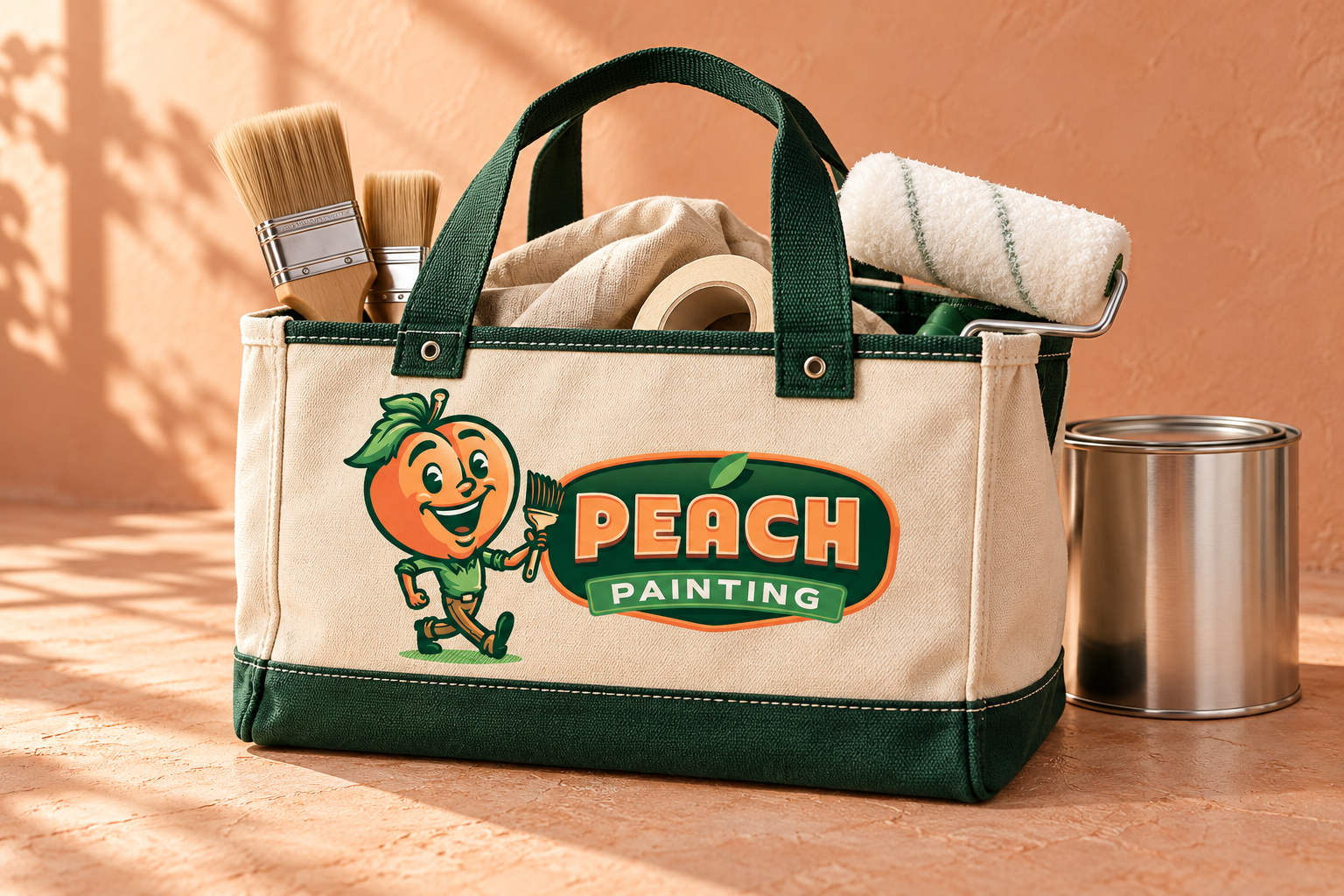 AI-generated brand concept for Peach Painting: painter tool tote.