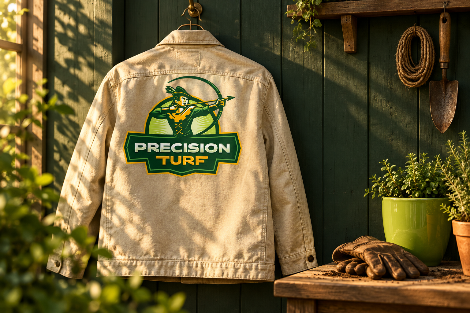 AI-generated brand concept for Precision Turf: gardeners workwear.