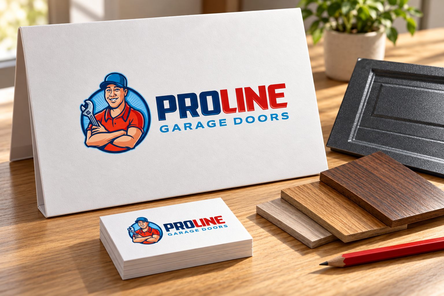 AI-generated brand concept for ProLine Garage Doors: consultation kit.