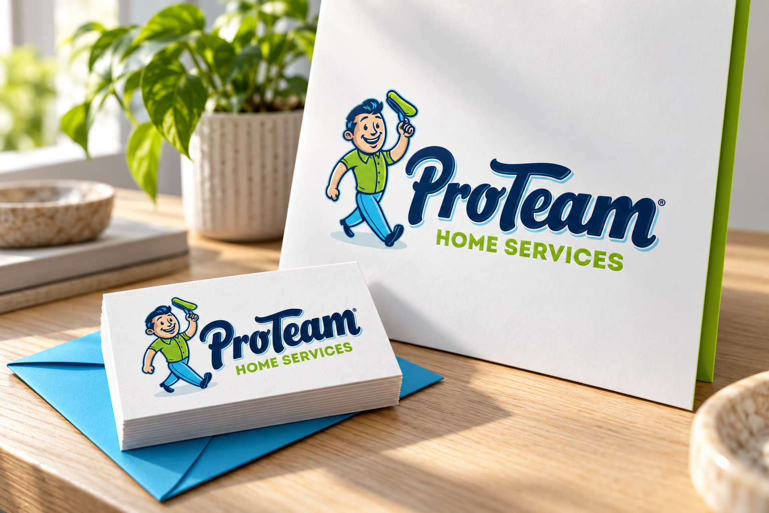 AI-generated brand concept for ProTeam Home Services: premium welcome kit.