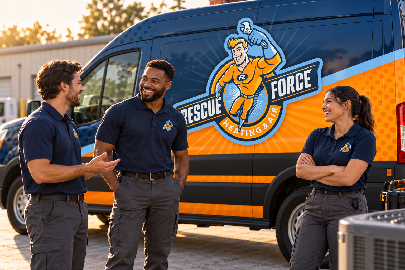 AI-generated brand concept for Rescue Force Heating and Cooling: team lifestyle.