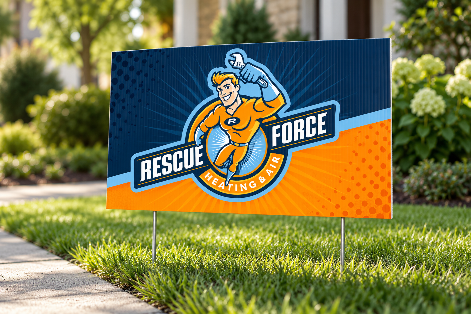 AI-generated brand concept for Rescue Force Heating and Cooling: yard sign.
