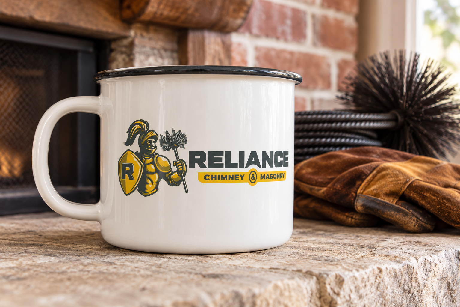 AI-generated brand concept for Reliance Chimney and Masonry: mug hearth still life.