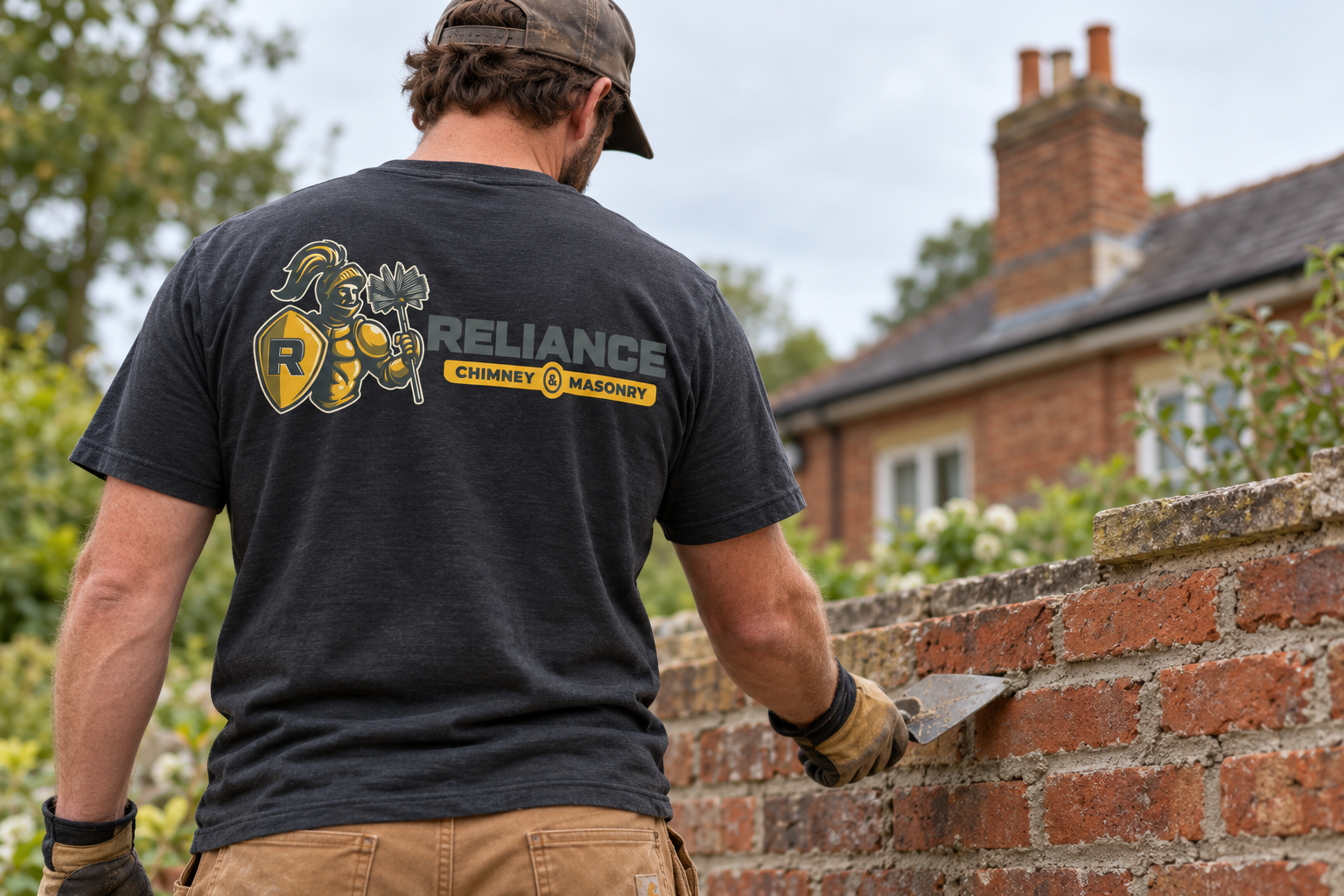 AI-generated brand concept for Reliance Chimney and Masonry: mason uniform back.