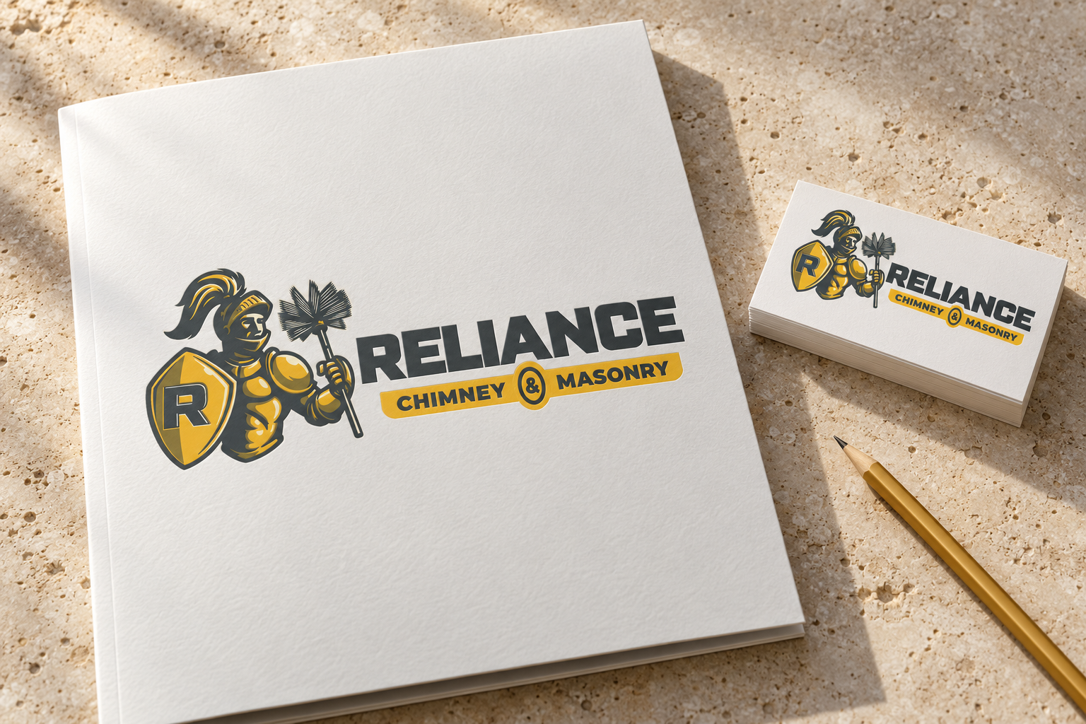 AI-generated brand concept for Reliance Chimney and Masonry: folder and cards.
