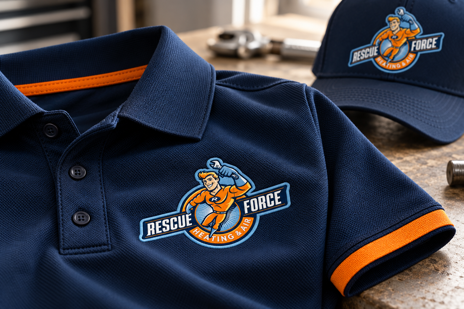 AI-generated brand concept for Rescue Force Heating and Cooling: uniform closeup.