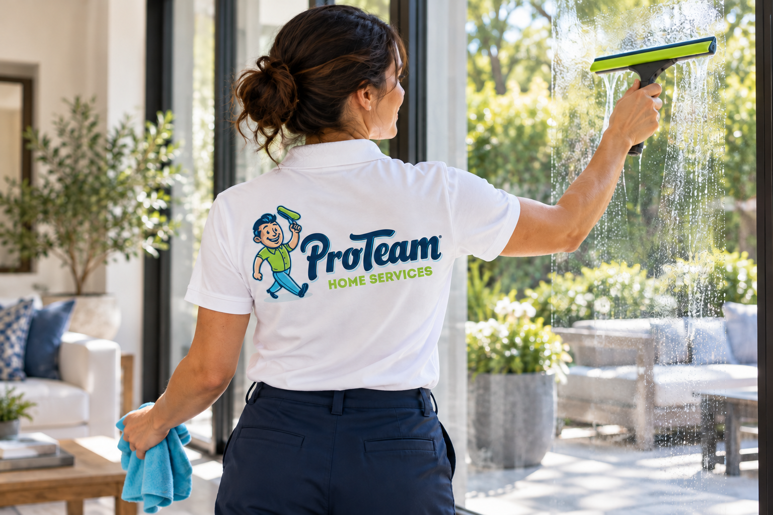 AI-generated brand concept for ProTeam Home Services: candid window service.