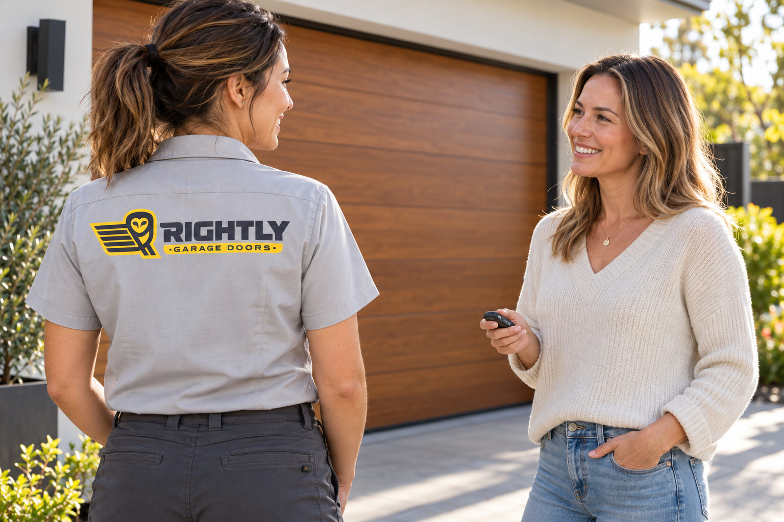 AI-generated brand concept for Rightly Garage Doors: garage door consultation.