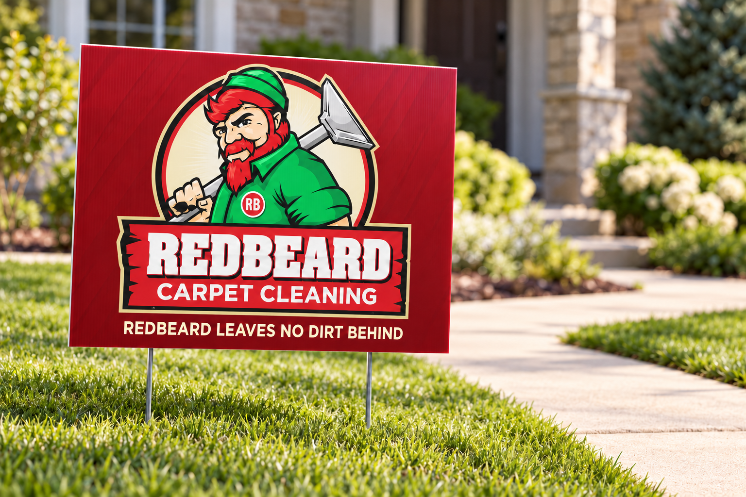 AI-generated brand concept for Redbeard Carpet Cleaning: yard sign.