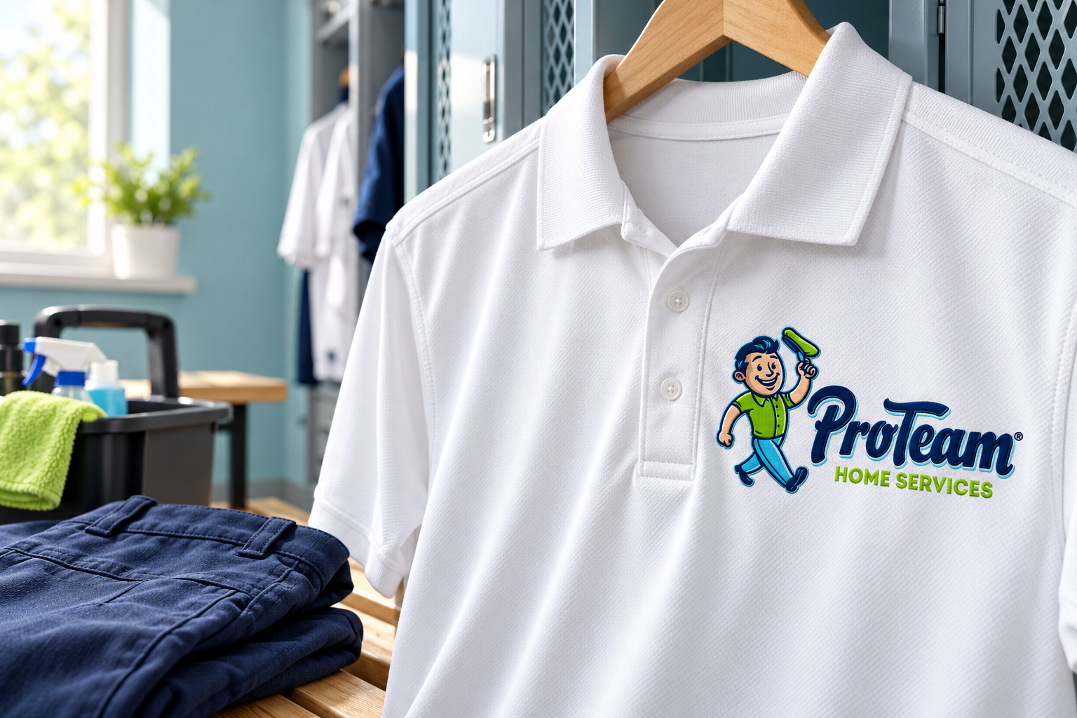 AI-generated brand concept for ProTeam Home Services: embroidered team polo.