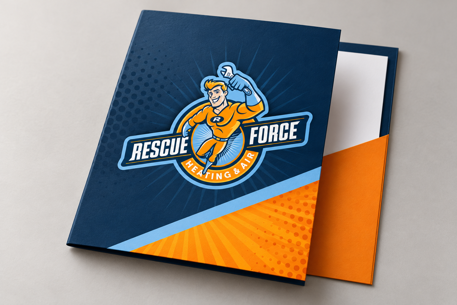 AI-generated brand concept for Rescue Force Heating and Cooling: folder.
