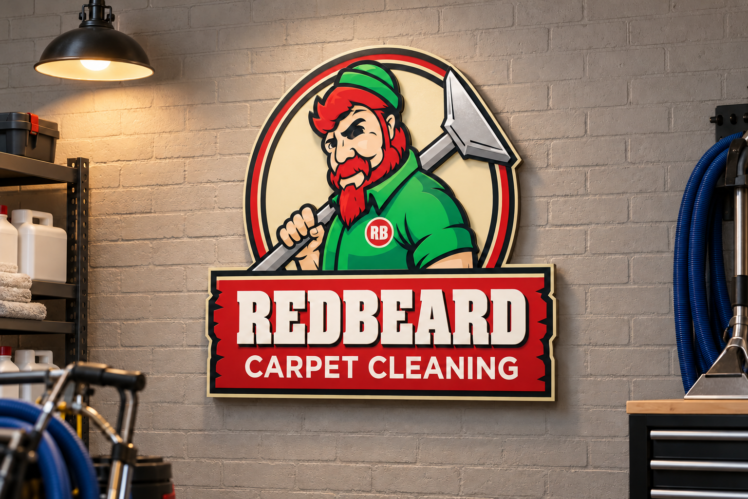 AI-generated brand concept for Redbeard Carpet Cleaning: studio wall sign.