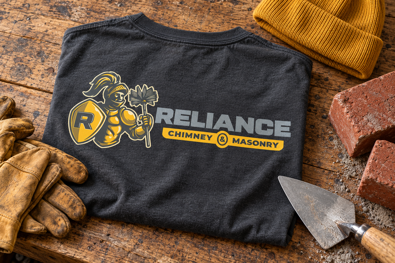 AI-generated brand concept for Reliance Chimney and Masonry: workwear flatlay.