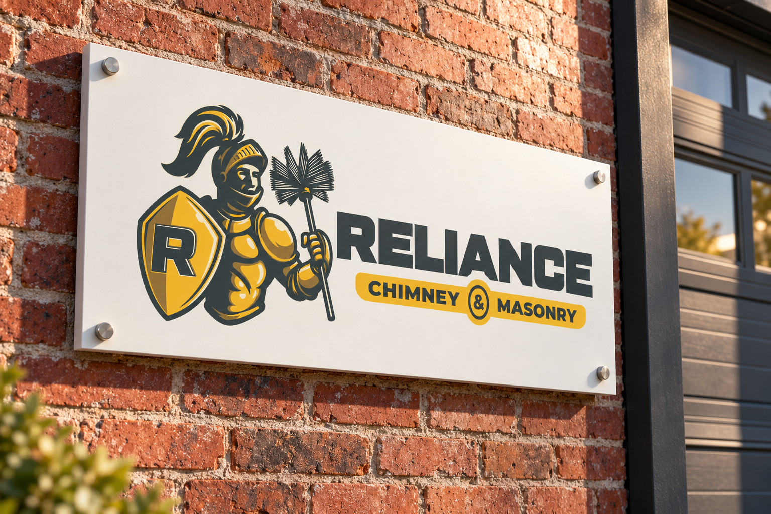 AI-generated brand concept for Reliance Chimney and Masonry: workshop wall sign.