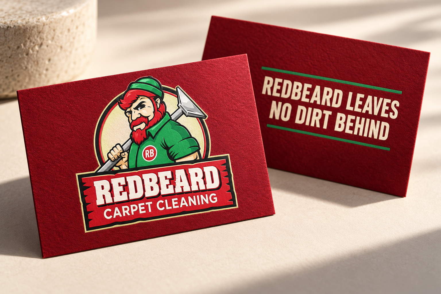 AI-generated brand concept for Redbeard Carpet Cleaning: business cards.