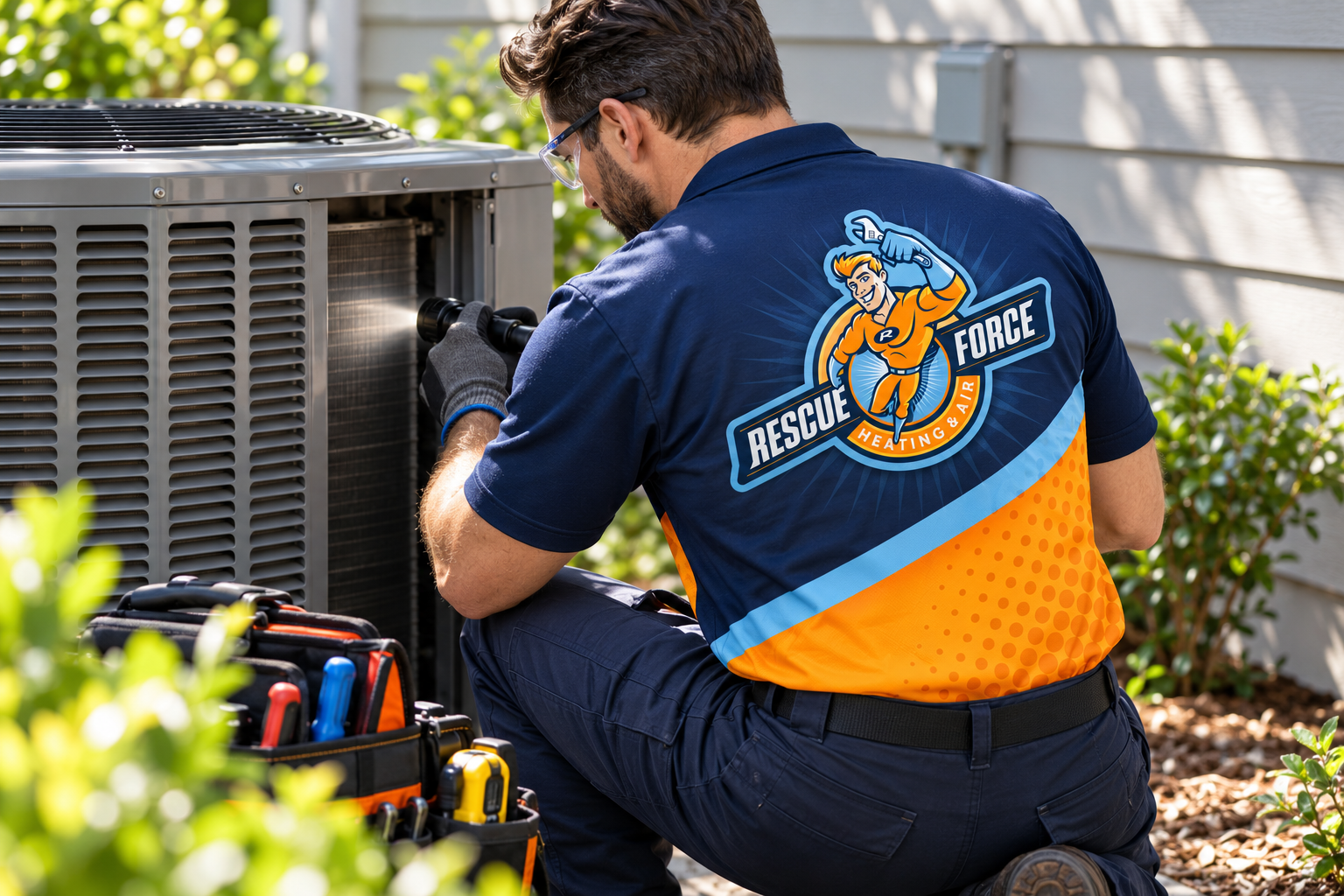 AI-generated brand concept for Rescue Force Heating and Cooling: technician working.