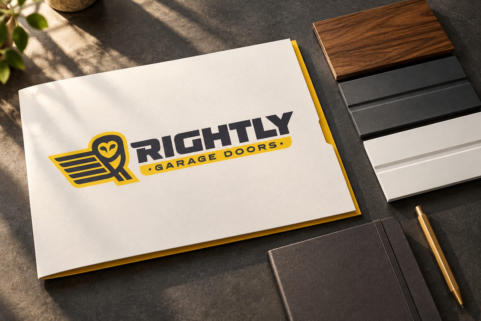 AI-generated brand concept for Rightly Garage Doors: homeowner presentation kit.