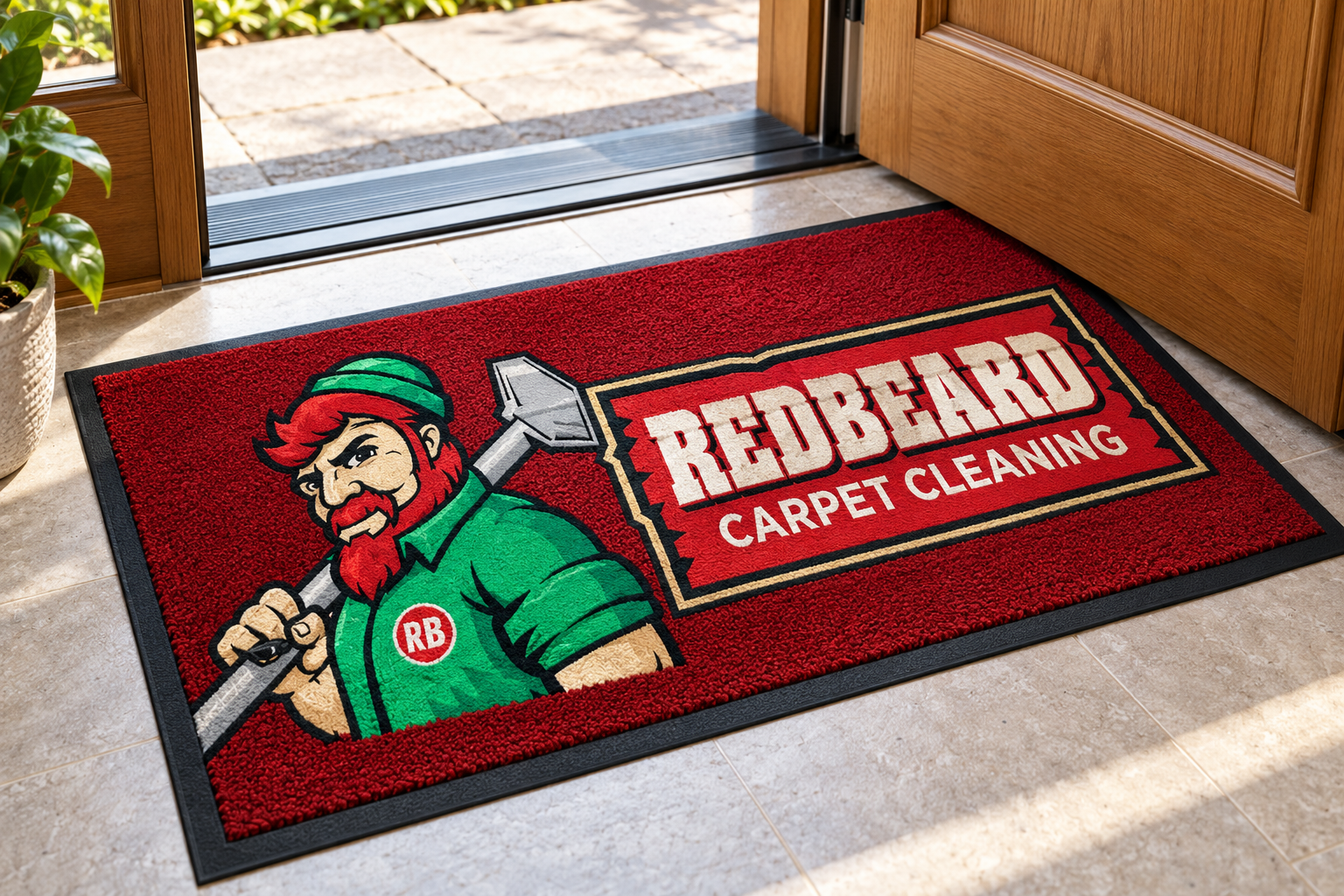 AI-generated brand concept for Redbeard Carpet Cleaning: branded floor mat.