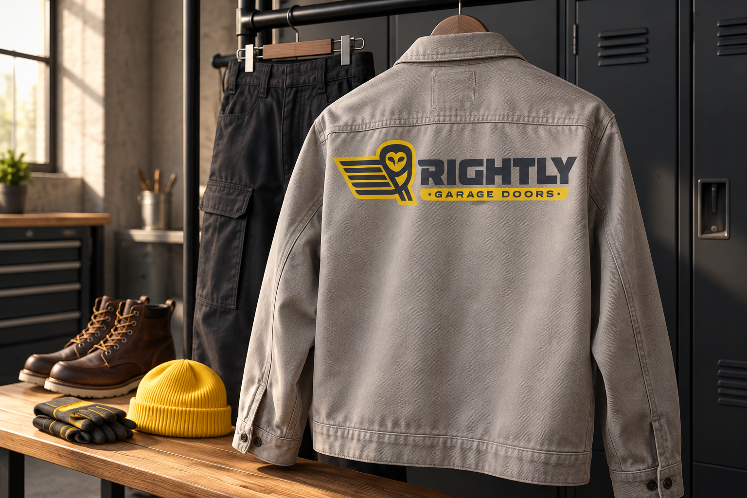 AI-generated brand concept for Rightly Garage Doors: technician workwear.
