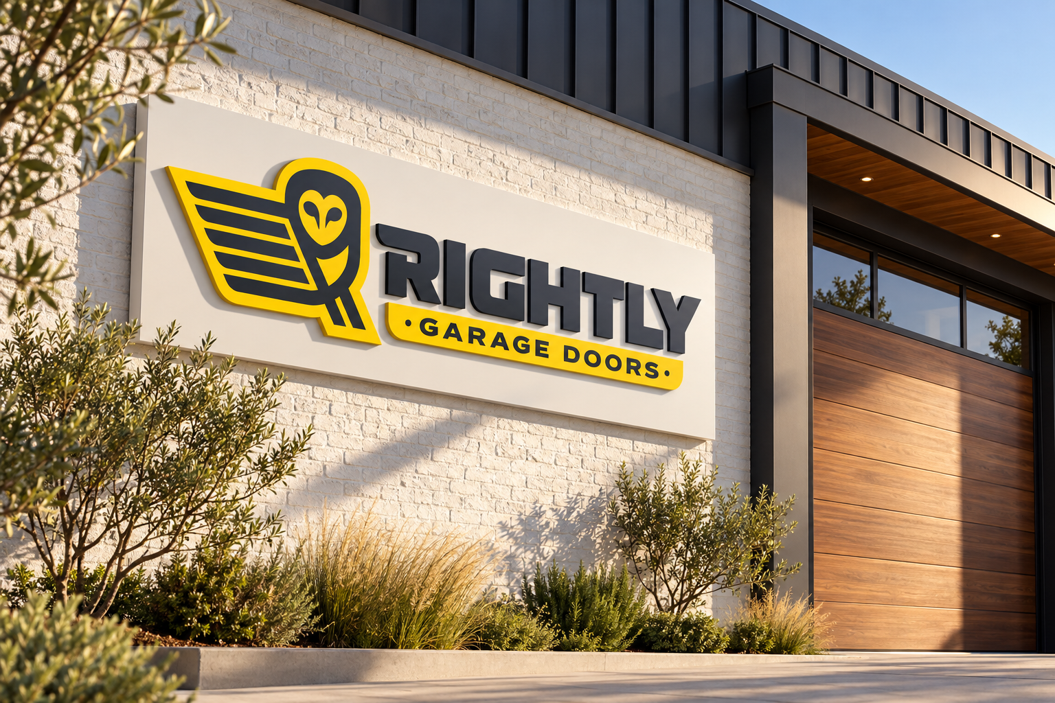 AI-generated brand concept for Rightly Garage Doors: architectural showroom signage.