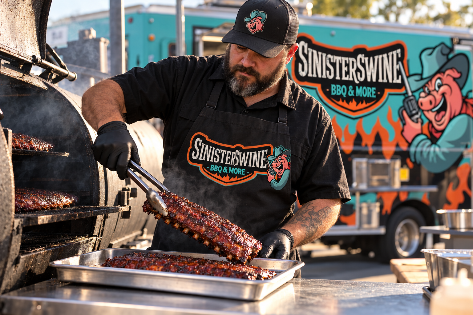 AI-generated brand concept for Sinister Swine BBQ and More: cook at smoker.