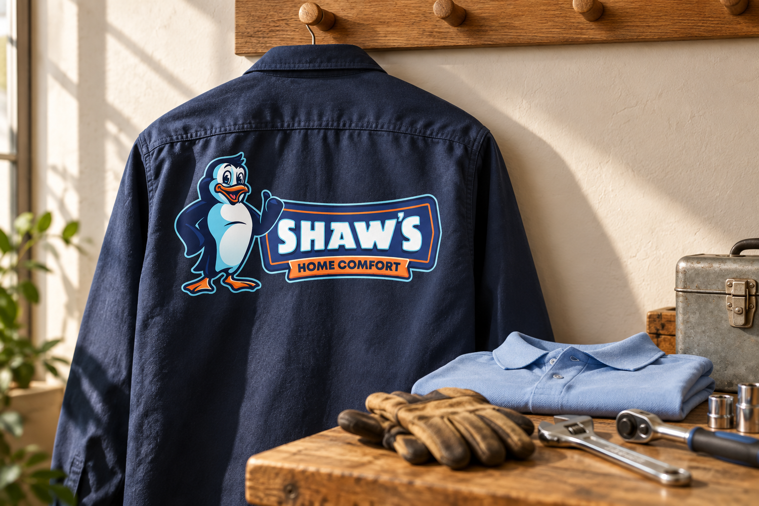 AI-generated brand concept for Shaw’s Home Comfort: workwear.