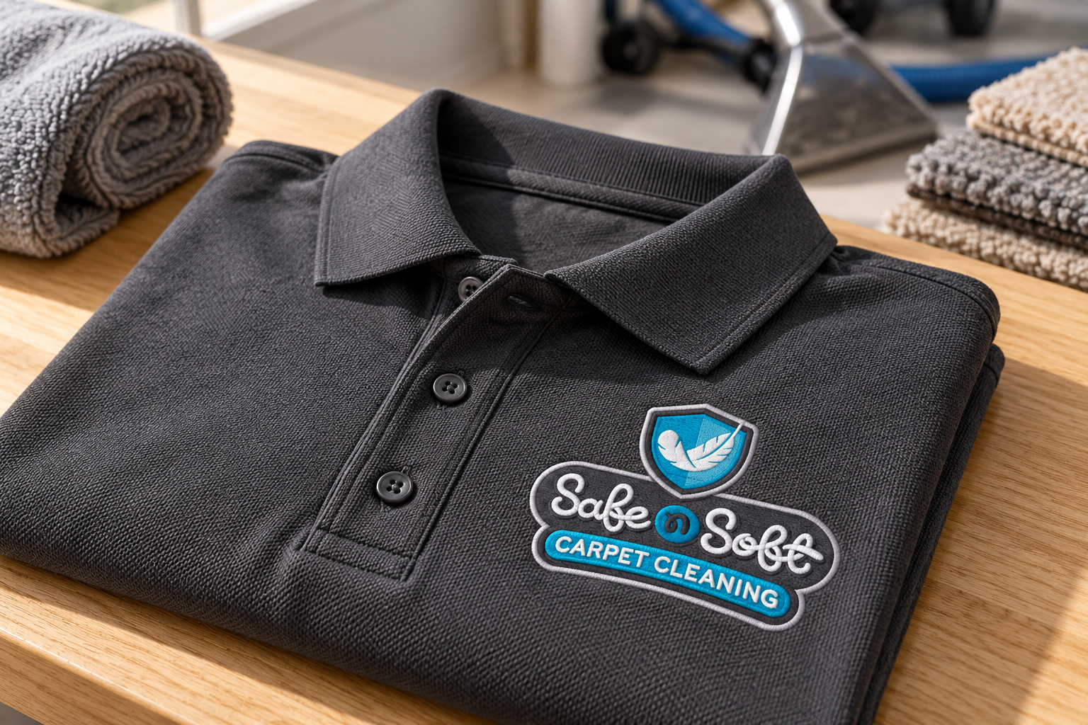 AI-generated brand concept for Safe N Soft Carpet Cleaning: embroidered work polo.