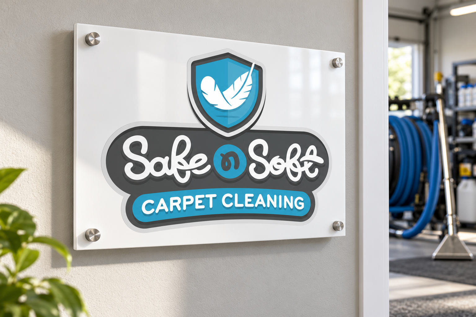 AI-generated brand concept for Safe N Soft Carpet Cleaning: workshop wall plaque.