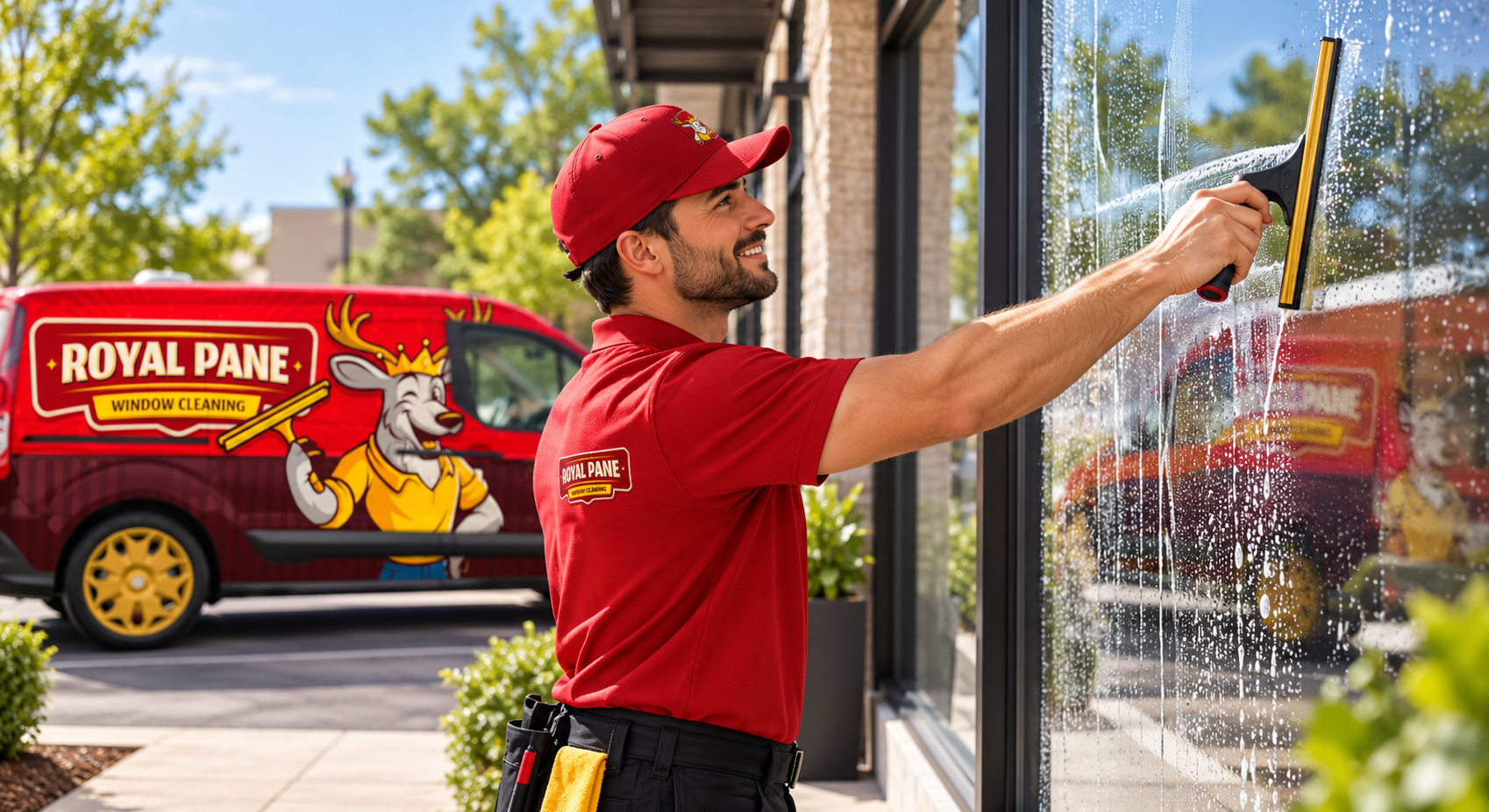 AI-generated brand concept for Royal Pane Window Cleaning: technician working.