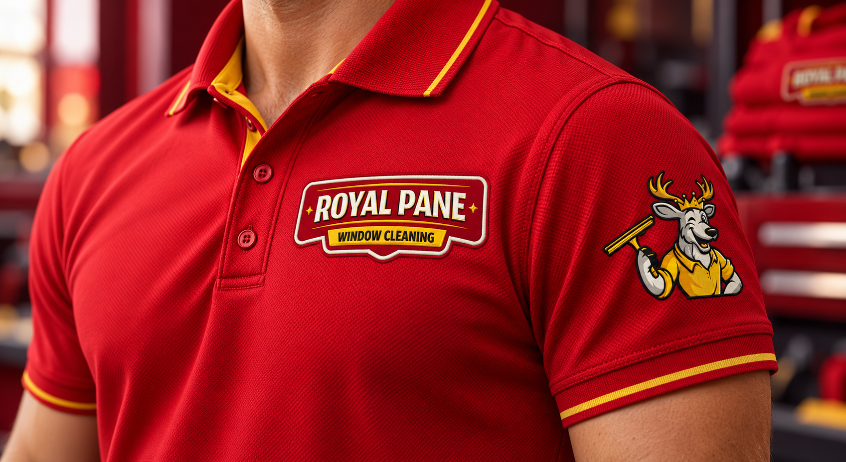 AI-generated brand concept for Royal Pane Window Cleaning: uniform closeup.