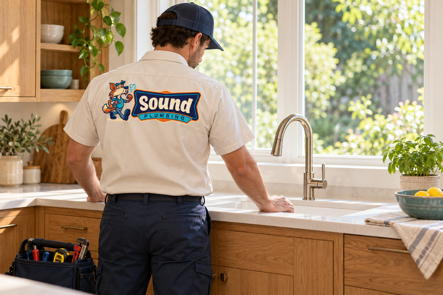 AI-generated brand concept for Sound Plumbing: kitchen service lifestyle.