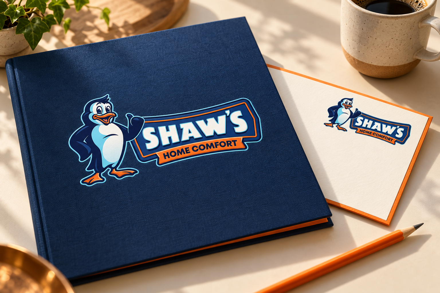 AI-generated brand concept for Shaw’s Home Comfort: homeowner welcome kit.