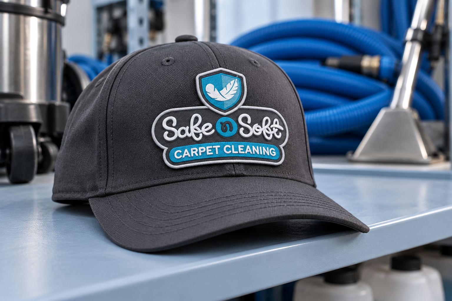 AI-generated brand concept for Safe N Soft Carpet Cleaning: woven work cap.