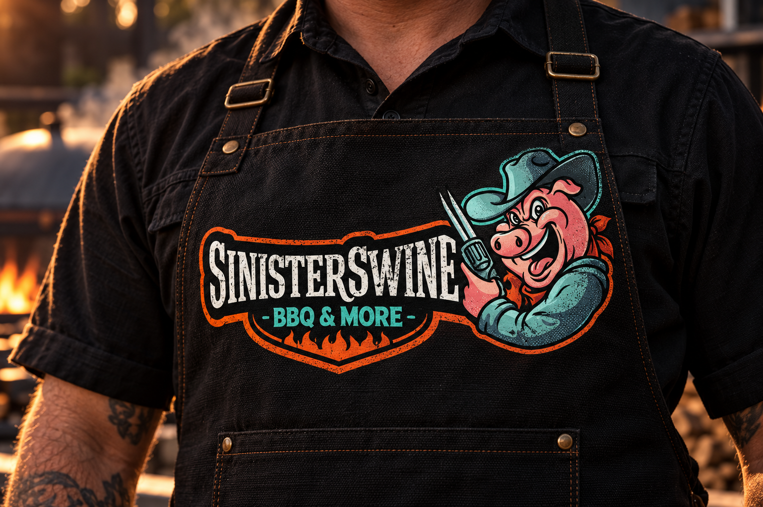 AI-generated brand concept for Sinister Swine BBQ and More: uniform closeup.