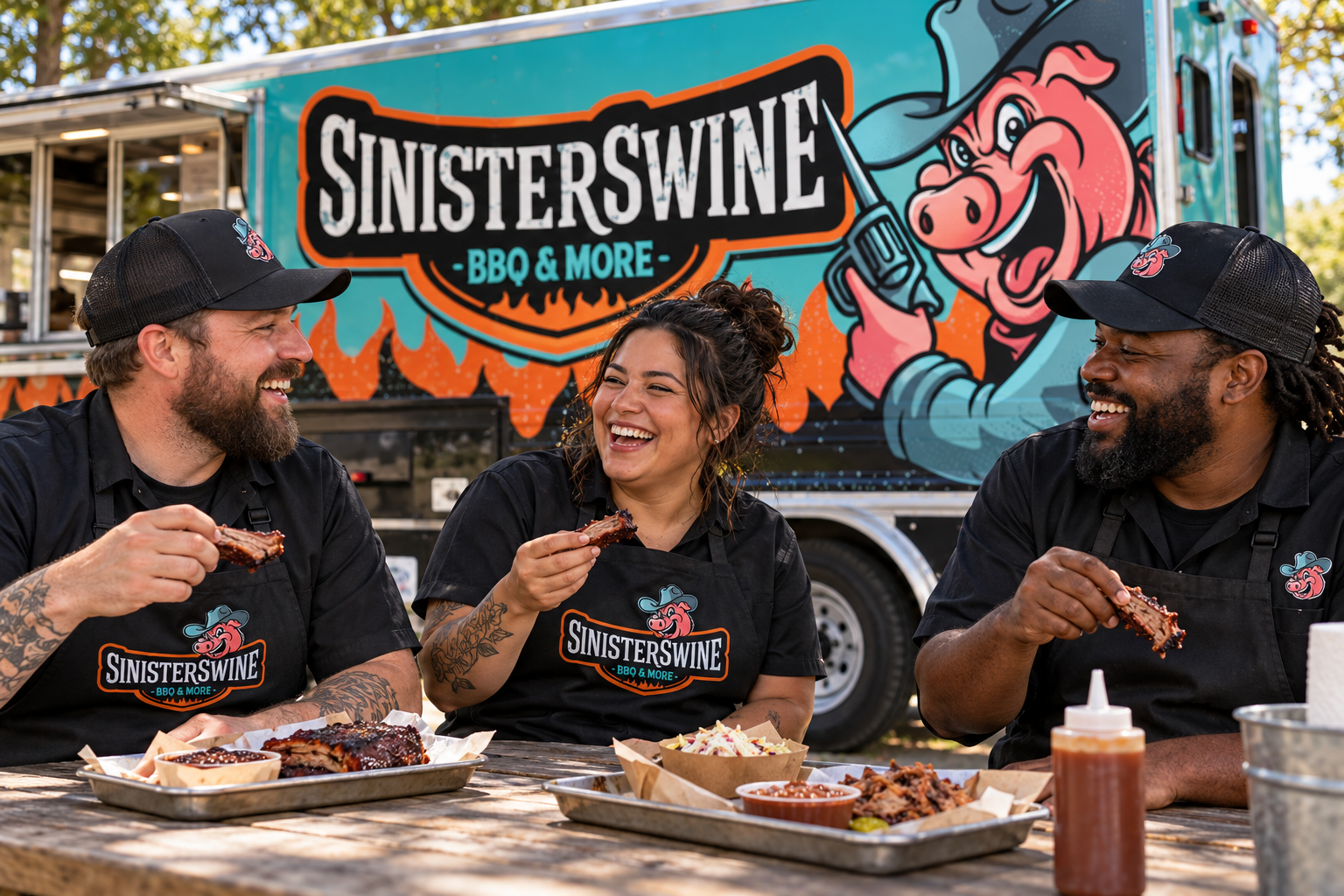 AI-generated brand concept for Sinister Swine BBQ and More: team lifestyle.