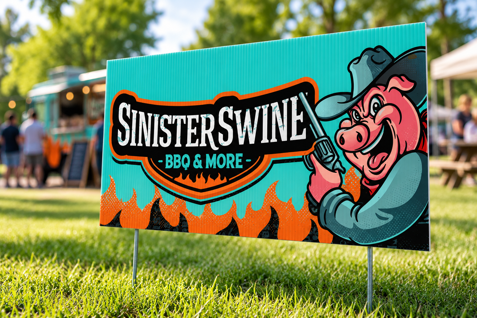 AI-generated brand concept for Sinister Swine BBQ and More: yard sign.