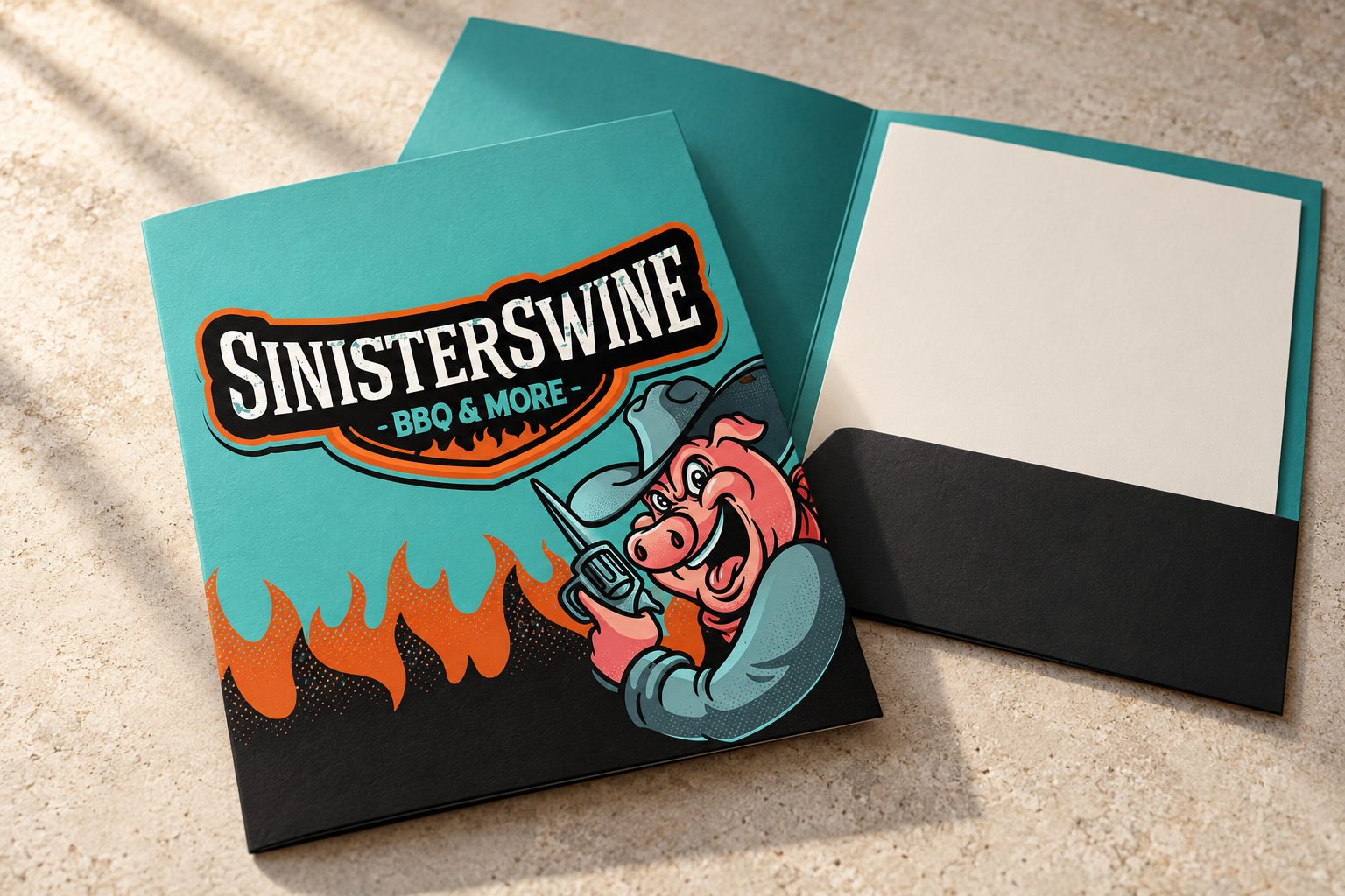 AI-generated brand concept for Sinister Swine BBQ and More: presentation folder.