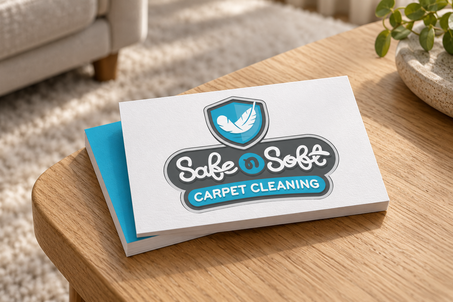 AI-generated brand concept for Safe N Soft Carpet Cleaning: business card detail.